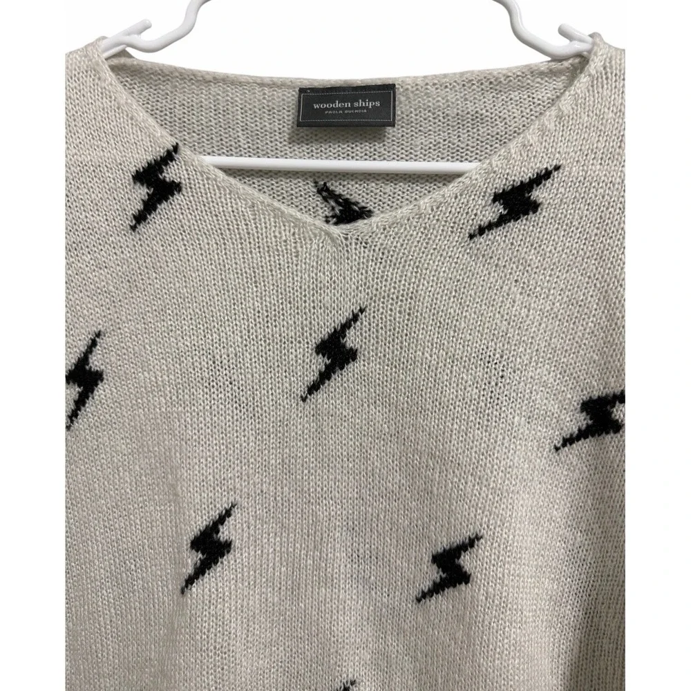 Wooden Ships Paola Buendia White Knit Sweater W/Black Lighting Bolts Size XS/S - Picture 3 of 10